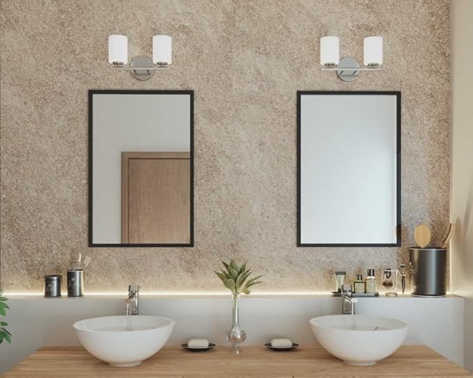Progress Lighting 2-Light Bathroom Vanity Light, Modern Bath Lighting Fixture with Etched White Glass Shades for Over the Mirror, Reversible Mounting, Replay Collection, Textured Black