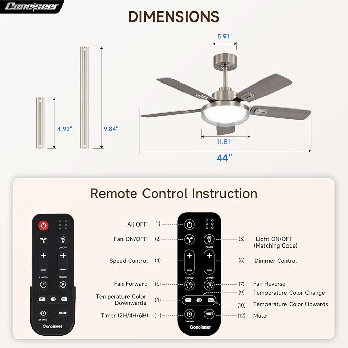 44 Inch Ceiling Fans with Lights and Remote, Bedroom Living Room Office Outdoor , 5CCT Dimmable, Dual Color 5 Blades, 6 Speed Reversible Quiet DC Motor, Dual-Layer Shade, Sand-nickel/Wood Grain