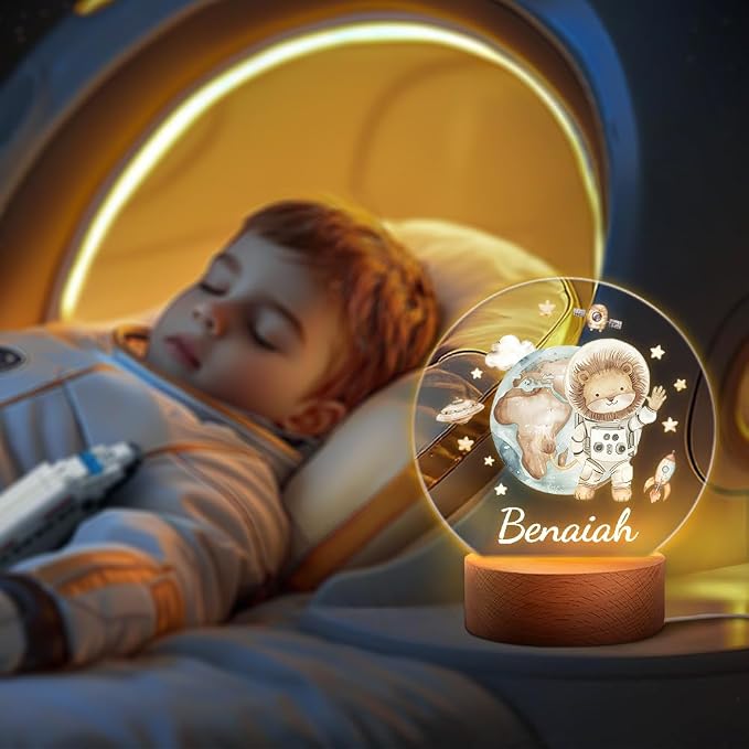 Custom Animal Astronauts Night Light, Personalized Cute LED Light for Kids with Name and Wooden Base Nursery Decor