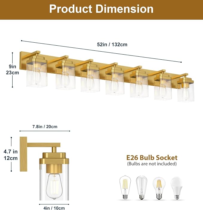 Brushed Gold Bathroom Light Fixtures, 7 Lights Bathroom Lighting Fixtures Over Mirror, Square Design & Rectangle Large Backplate, Modern Vanity Lighting Fixtures, for Living Room/Bedroom