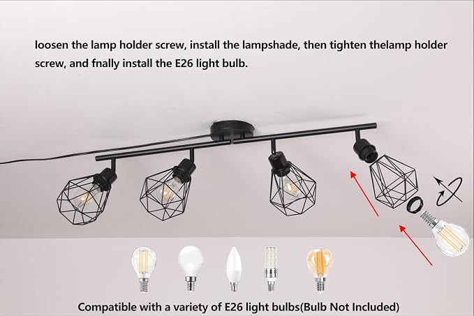 Plug in Track Lighting Kit, 80cm LED 4 Light Kitchen Track Lighting, Corded Wall Light with 16.4ft Cord, 4 Way Ceiling Spot Lighting Flexibly Rotatable Head Not Include Bulb (4-Black-Cage)