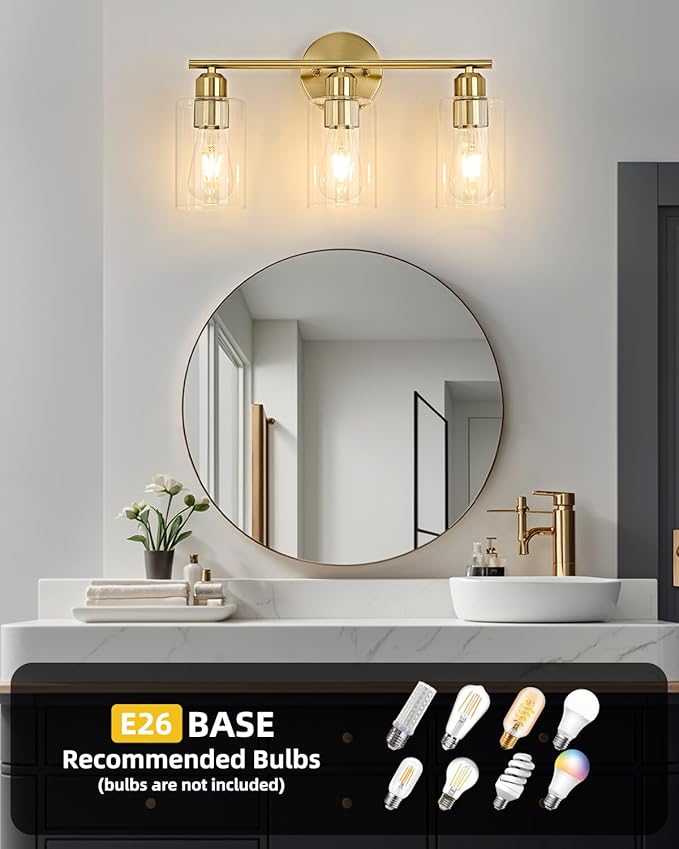 3Light Modern Vanity Lights - Gold, Clear Glass Shade, Wall Sconce for Bathroom & Bedroom, 2 Pack