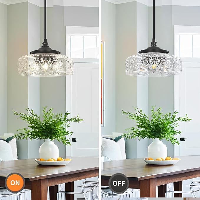 Black 3-Light Pendant Light with 12in Glass Shade, Farmhouse Pendant Lights Kitchen Island, Adjustable Hight & Angle Bathroom Pendant Ceiling Hanging Light Fixtures for Home Bedroom Hallway, 3*E12