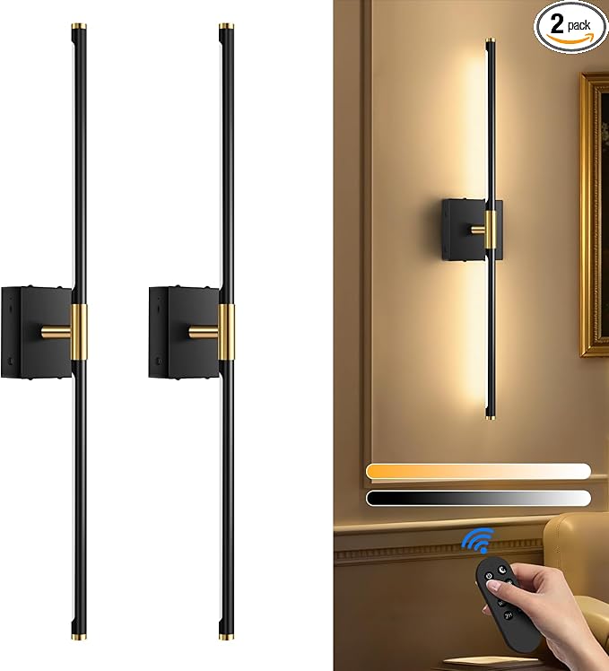 Wall Sconces Set of Two Battery Operated, Wireless USB Rechargeable Wall Lights with Remote, 8000mAh Dimmable LED 3 Color Dimmable Living Room for Bedroom,Hallway,Picture Lamp (30in Black)