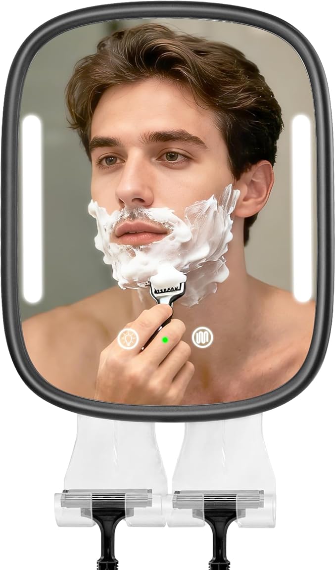 Anti-Fog Shower Mirror for Shaving - Rechargeable Lighted Fogless Mirror with Adjustable, Heated Bathroom Mirror with 2 Razor Hooks & 4 Adhesive Wall Mounts, Grooming Gift for Men (Black)