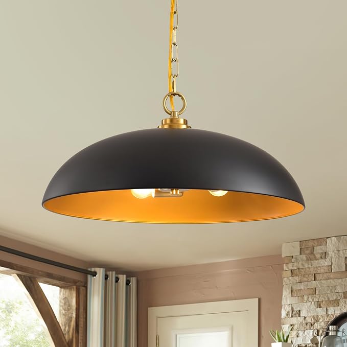 20in Black and Gold Dome Pendant Light, Large 3-Light Chandelier | Industrial Matte Black Oversized Pendant Light Fixture Ceiling Hanging Lamp for Kitchen Island Dining Room Over Table 1 Pack