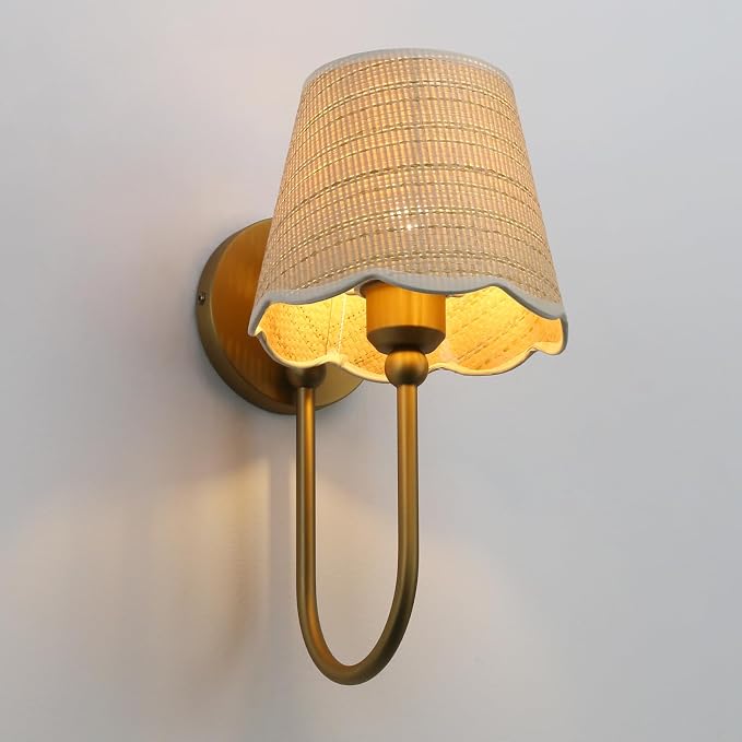 Hardwired Set of 2 Wall Sconces Boho Rattan Lampshade, Vintage Curved Arm Bathroom Vanity Lights, Indoor Wall Decor Lamp for Living Room, Bedroom, Foyer