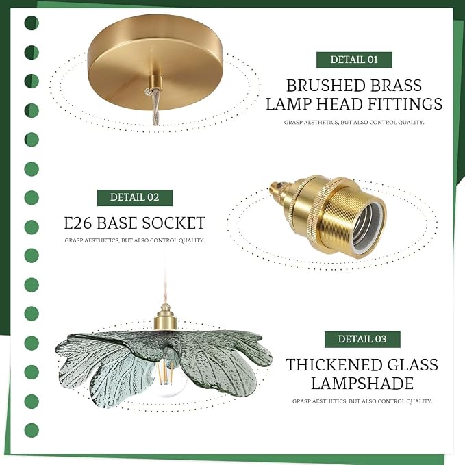 15.74" Large Glass Pendant Lights Dark Green Leaf Shade for Kitchen | Vintage Hanging Light Hand Blown Unique Flush Mount chandelier, Gold Brass E26, 59" Adjustable, Dimmable for Dining Room