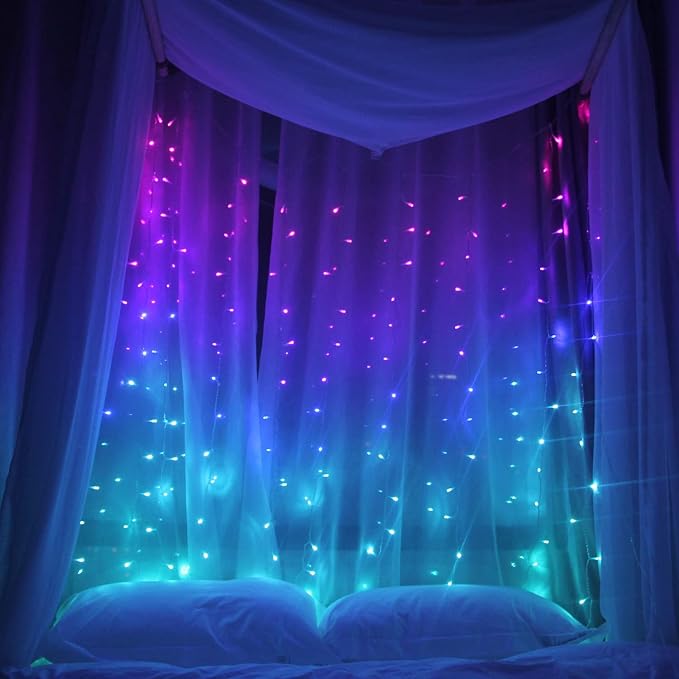 Curtain Lights Pink Blue Purple Fairy Lights for Bedroom Wall Hanging for Teen Girls Unicorn Mermaid Under The Sea Ocean Nautical Beach Themed Room Decor (Purple Blue Ombre)