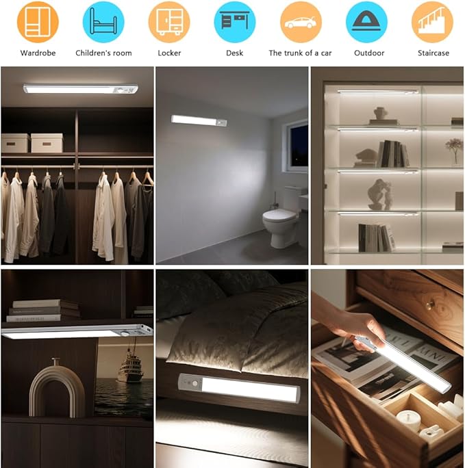 2 Pack Motion Sensor Under Cabinet Lights, 66 LED Rechargeable Closet Light with 3 Color Temps & Stepless Dimming, 2200mAh High Capacity Wireless Magnetic Light for Kitchen, Pantry, Wardrobe