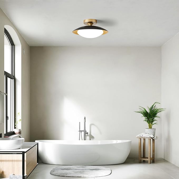 Dimmable Modern Mid-Century LED Ceiling Light, Black and Gold, 12.6 Inch | Semi Flush Mount Ceiling Light, 5CCT 2700K-6000K Lighting Fixture Ceiling Lamp with Glass Shade for Bedroom Hallway Kitchen