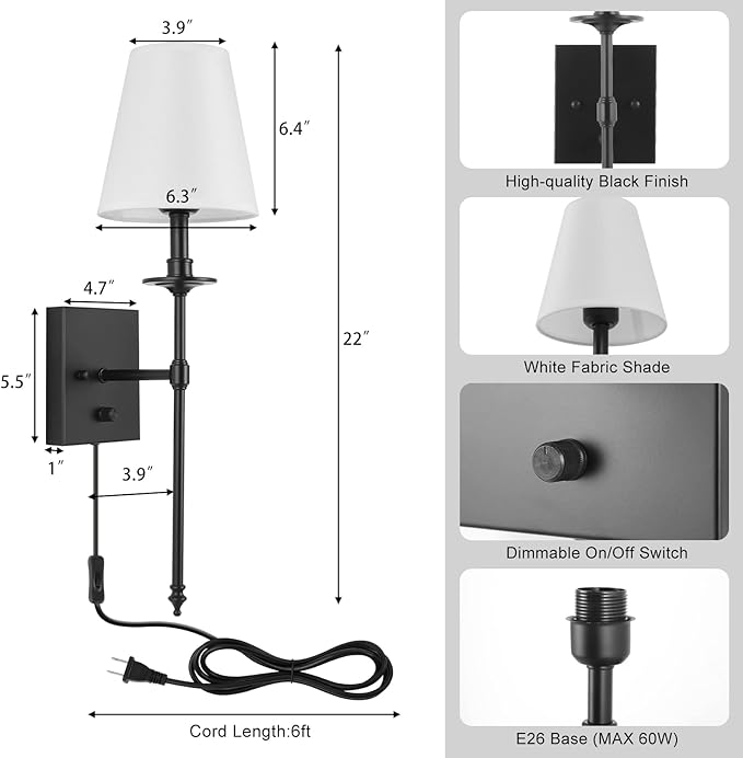 Dimmable Wall Sconces Set of Two, Plug in Wall Sconces White Fabric Shade, Wall Lamp for Bedroom, Living Room, Plug in Wall Light Sconces Wall Decor Set of 2, LED Bulbs Included, Black