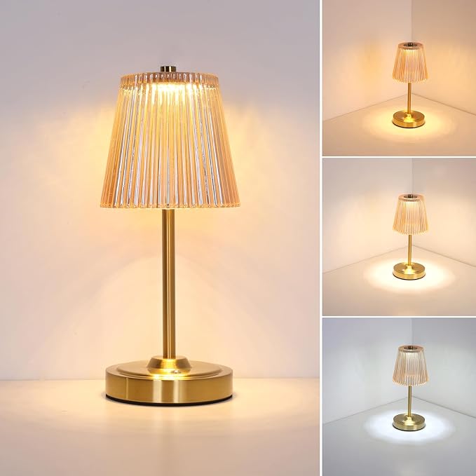Shenmoyl Cordless Touch Table Lamp with 5200mAh Battery - 3 Adjustable Color Temperatures & Dimmable, Rechargeable Desk Lamp for Bedroom, Living Room, Office, Entryway, Bookshelves (Amber Stripe)