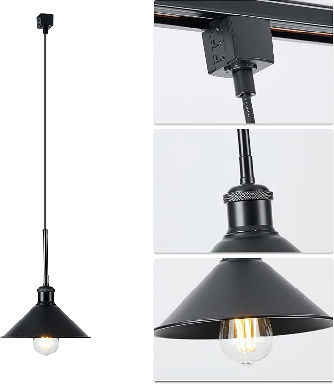 H Type Track Pendant Lighting Black Industrial Ceiling Track Hanging Light Fixtures Pendant, Compatible with H Type Track Lighting Rail, E26 Socket,3 Pack (Bulbs Not Included)