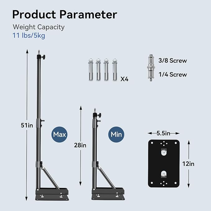 Takerers Ring Light Wall Mount, 4.3ft /51 inch Wall Ring Light Mount,180º Flexible Rotation, Triangle Boom Arm with 3/8 & 1/4 Screw for Photography Light, Monolight, Softbox, Umbrella, Reflector