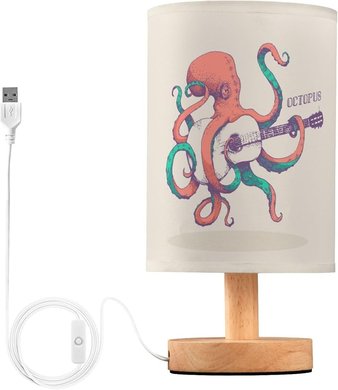 Table Lamp Vintage Octopus Play Guitar Ocean Marine Sea Life Design Nightstand Lamp with Wood Base Fabric Lamp Shade Bedside Desk Lamp for Living Room Bedroom Kids Room Office