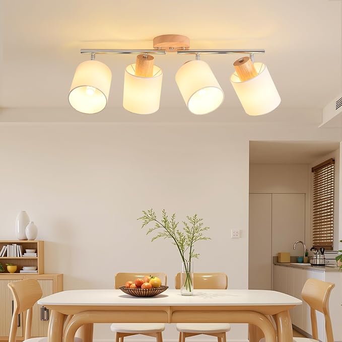 4-Light Track Lighting Kit Wooden Ceiling Spotlight Fabric Shades Rotatable | Rotatable Heads, E26 Socket, Modern LED Track Light Fixture Design, Ceiling & Wall Mount, Kitchen & Living Room Use, No Bulb