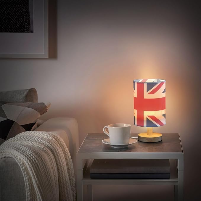 Table Lamp British Flag England London Union Jack Nightstand Lamp with Wood Base Fabric Lamp Shade Bedside Desk Lamp for Living Room Bedroom Kids Room Office