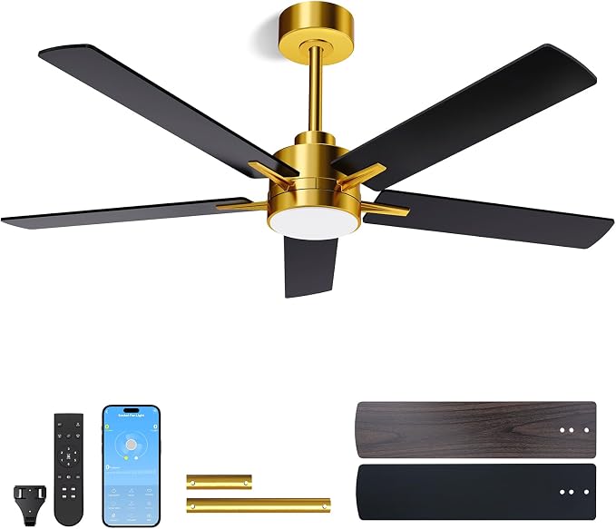 LANMEL Metal Ceiling Fan with Lights and Remote, 52 Inch, Gold & Black | Modern Low Profile Flush Mount, Reversible, 3CCT Dimmable, Quiet, LED, For Bedroom, Living Room, Indoor/Outdoor Patio Use