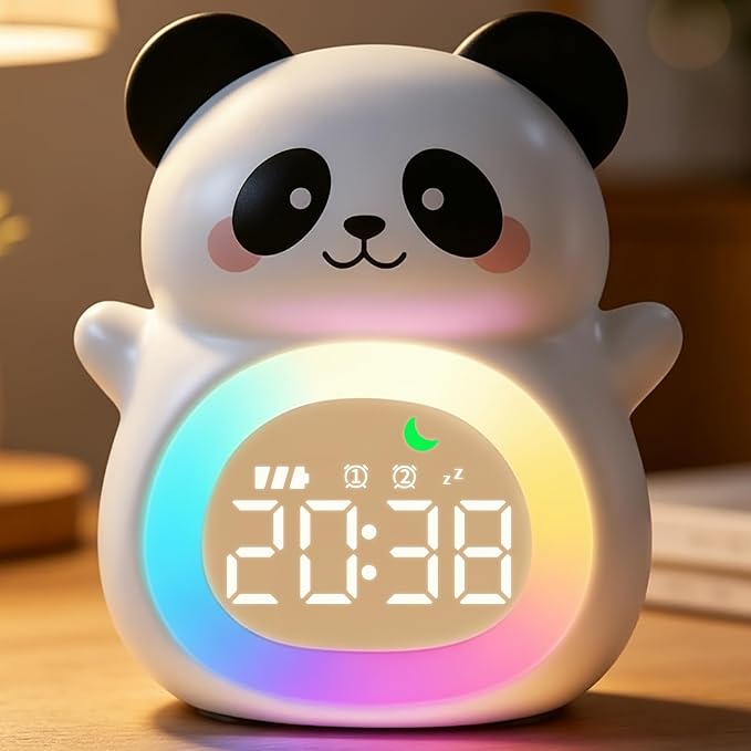 MASHI Panda Kids Alarm Clock with Time to Wake Sleep Trainer White Noise | Sun & moon wake cues, 7-color night light,Snooze， dual alarms and 6 soothing sounds help kids build healthy sleep habits.