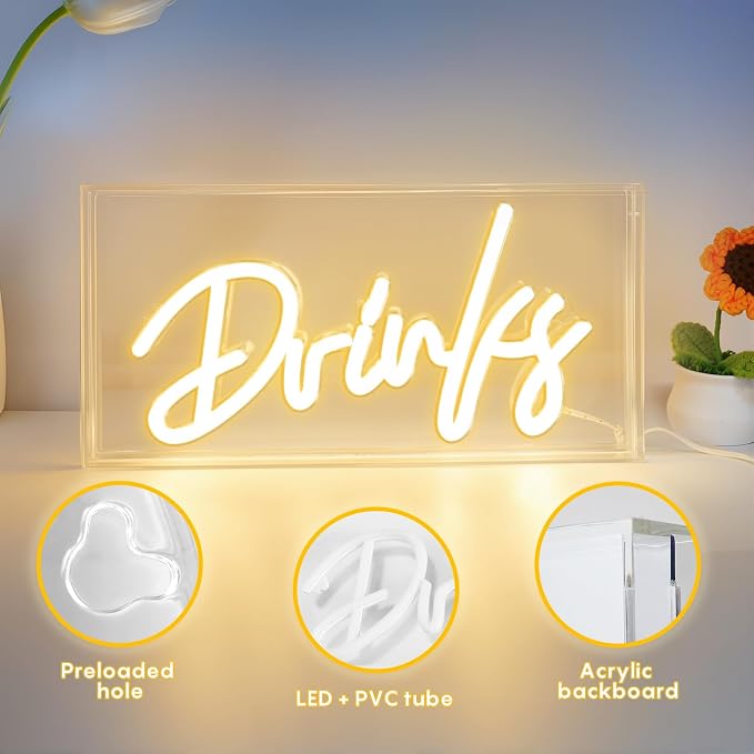 Drinks Neon Sign, Drinks Signs USB LED Desk Lightbox with ON/OFF Switch, Light Up Sign for Table Decor, Home Bar, Kitchen, Club, Pub, Restaurant Wall Decor & Bar Cart Accessories (Warm White)