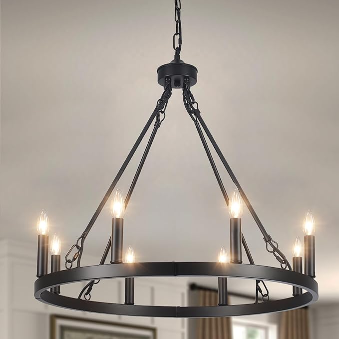 LASENCHOO Round Black Wagon Wheel Chandelier Farmhouse for Dining Room Light Fixture 8 Lights Dia 23.6" Large Wrought Iron Black Chandeliers for High Ceilings Outdoor Entryway Foyer Living Room Porch