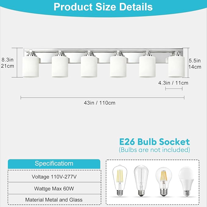 Modern Bathroom Lighting Fixtures Over Mirror, Vanity Lights for Bathroom, Wall Sconces with Milky White Glass Shades, E26 Ceramic Socket, 6-Light 43-inch Chrome