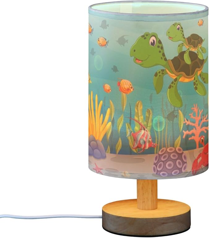 Table Lamp Colorful Underwater Sea Turtle Octopus Crab Fish Coral Aquatic Nightstand Lamp with Wood Base Fabric Lamp Shade Bedside Desk Lamp for Living Room Bedroom Kids Room Office