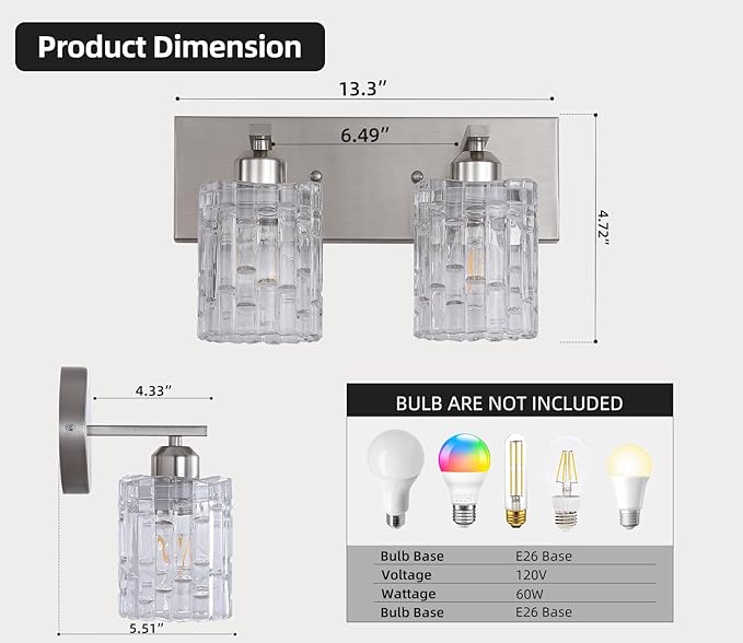 2-Light Nickel Crystal Bathroom Vanity Light Fixture Over Mirror, Modern Bathroom Wall Light for Living Room, Bedroom, Hallway