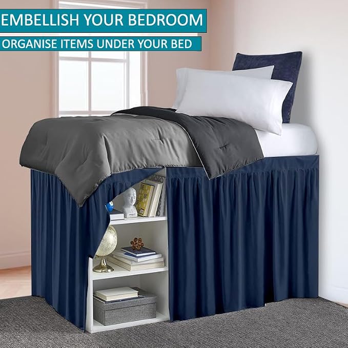 Dorm Bed Skirt, Twin XL, 42" Drop, Navy Blue | Soft Microfiber Fabric, College dorm rooms, Hides under-bed storage, Fits 39"x80" Beds, Wrinkle-resistant, Machine Washable