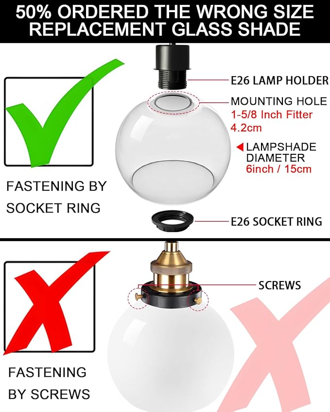3 Pack Fixture Replacement Globe Shade, 6 Inch Diameter, E26 Base 1-5/8 Inch Fitter, Glass Globe Lampshade Cover for Pendant Wall Sconce Chandelier Vanity Light (3 Pack 6 Inch White Frosted Glass)
