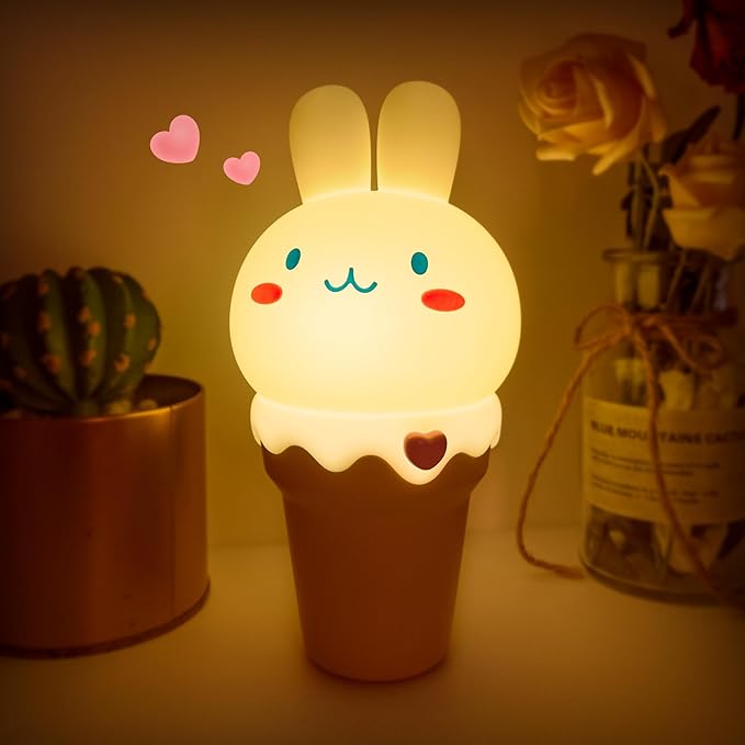 LOHAS Bunny Ice Cream Cute Night Lights, 7 Colors Kawaii Desk Decor, Pat Control and Rechargeable Base, Funny Gift, Bedroom and Nursery Décor