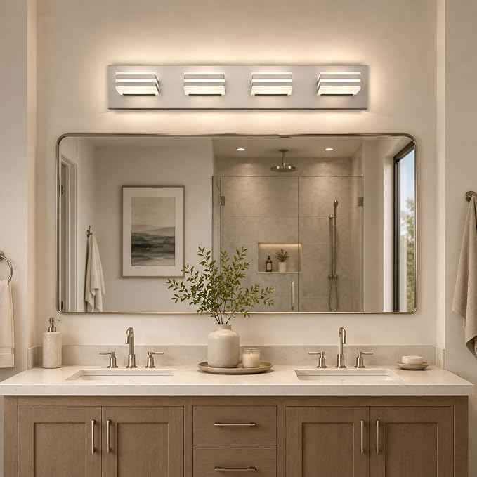 4-Light Brushed Nickel Bathroom Vanity Light, 27 Inch 32W 5CCT Dimmable LED Wall Fixture, Hardwired Over Mirror Lighting with Clear Acrylic Shade for Bathroom Remodel