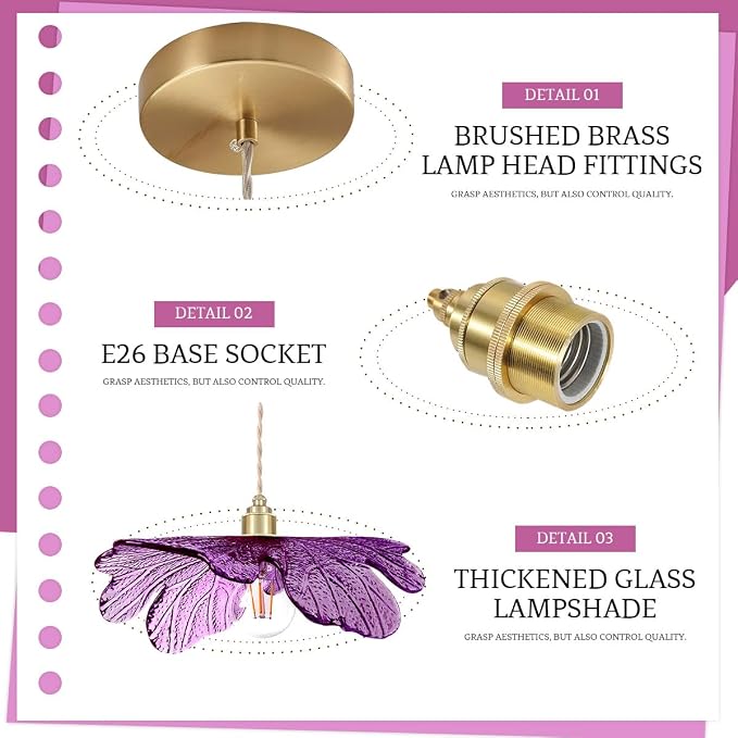Purple Glass Pendant Light Fixtures 15.75" Large Flower Petal Ceiling Hanging Light Statement with Brushed Gold Base Mid Century Modern Chandelier for Kitchen Island Dining Room Living Room Foyer