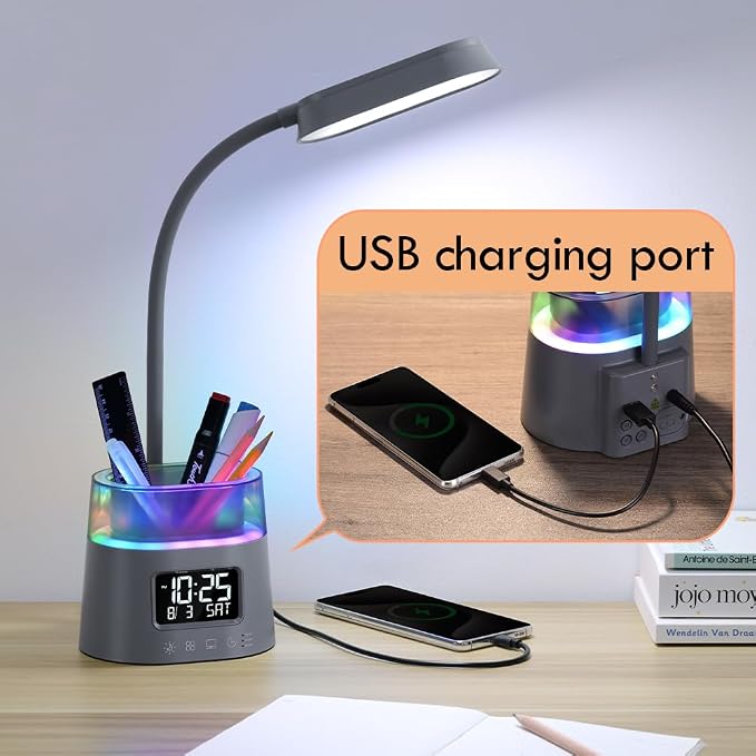 WILIT LED Desk Lamp for College Dorm Room Essentials, Students Study Lamp with USB Charging Port, Pen Holder, Clock & RGB Night Light, Office Desk Accessories, Table Lamp for Bedroom - Gray