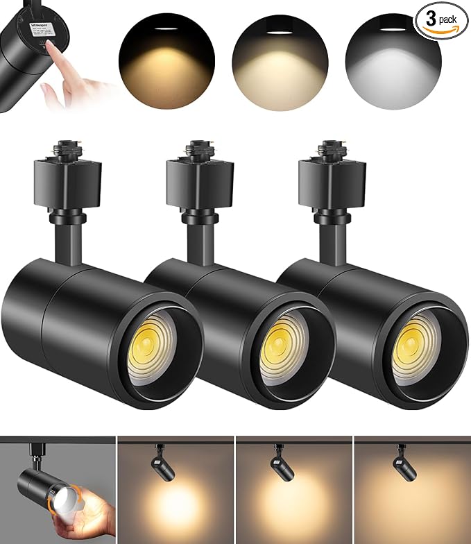 VANoopee 3-Color Zoomable 20W LED Track Lighting Heads H Type, Black 3 Pack | Track Light Heads Dimmable Bright Ceiling Spotlight Fixtures Accent Art, 3000K 4000K 5000K Adjustable, CRI90+ 15°-60°, 2000lm
