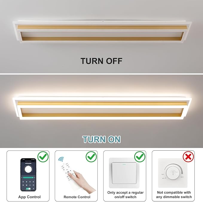 Dimmable Led Ceiling Light with Remote Control Modern Linear Flush Mount Ceiling Lighting Fixture Acrylic Long Ceiling Lamp for Living Room Kitchen Dining Room Hallway (Gold,39.3inch)