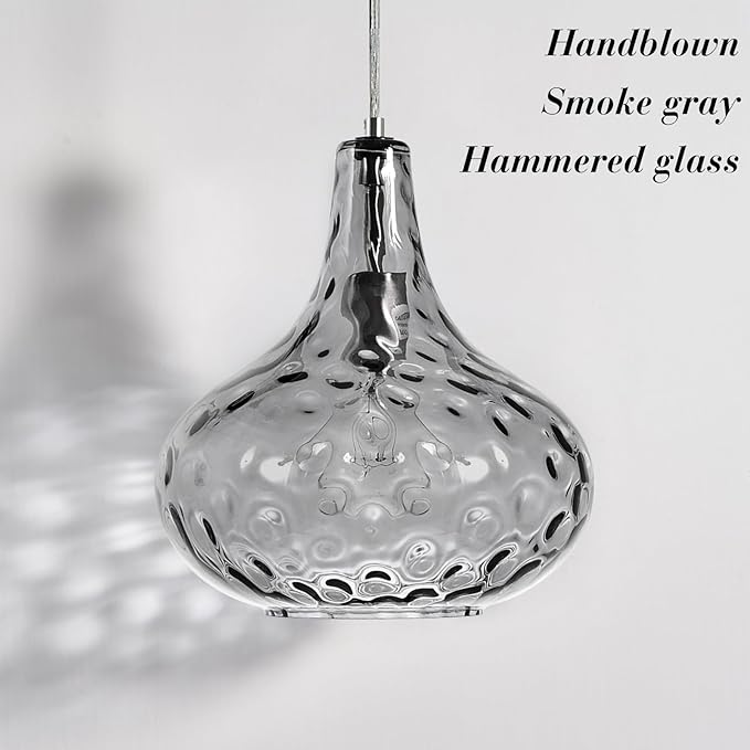 11" Smoked Hammered Glass Pendant Light – Blown Glass Ceiling Fixture with Brushed Nickel Finish, Modern Industrial Lighting for Kitchen Island, Dining Room, Hallway, Living Room