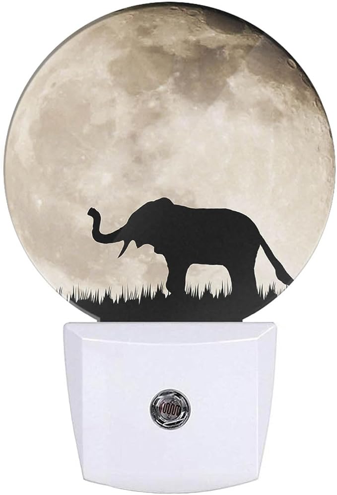 African Animal Night Light Silhouette Elephant on Full Moon Night Lights Plug into Wall 0.5W LED Lighting Auto on/Off for Hallway Stairway Kitchen Home Decor