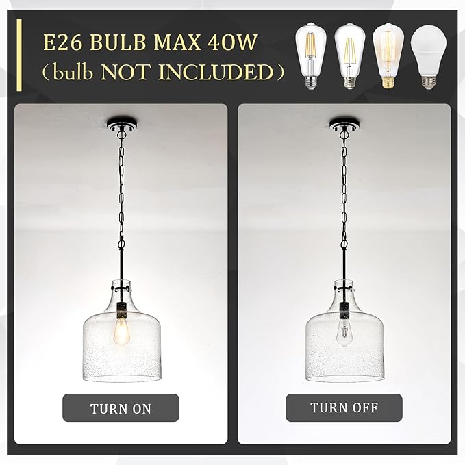 12" Black Seeded Glass Pendant Light, Modern Farmhouse Hanging Ceiling Light Fixture for Kitchen Island, Dining Room, Hallway, Hand-Blown Bubble Glass Shade, E26 Dimmable Pendant Lighting