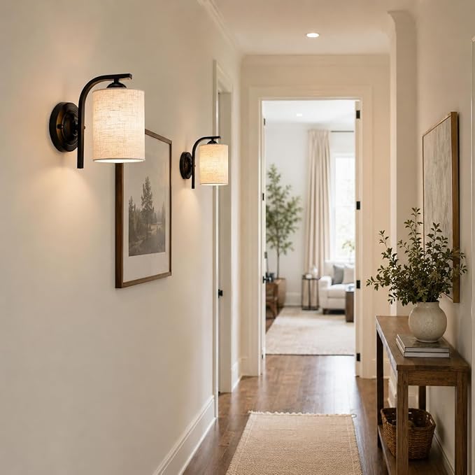 Wall Sconces Lights Lamp for Bedroom Bathroom, Modern Vanity Light Fixtures, Matte Black Farmhouse Wall Mount Lighting Lanterns with Fabric Shade for Living Room Mirror Hallway Kitchen