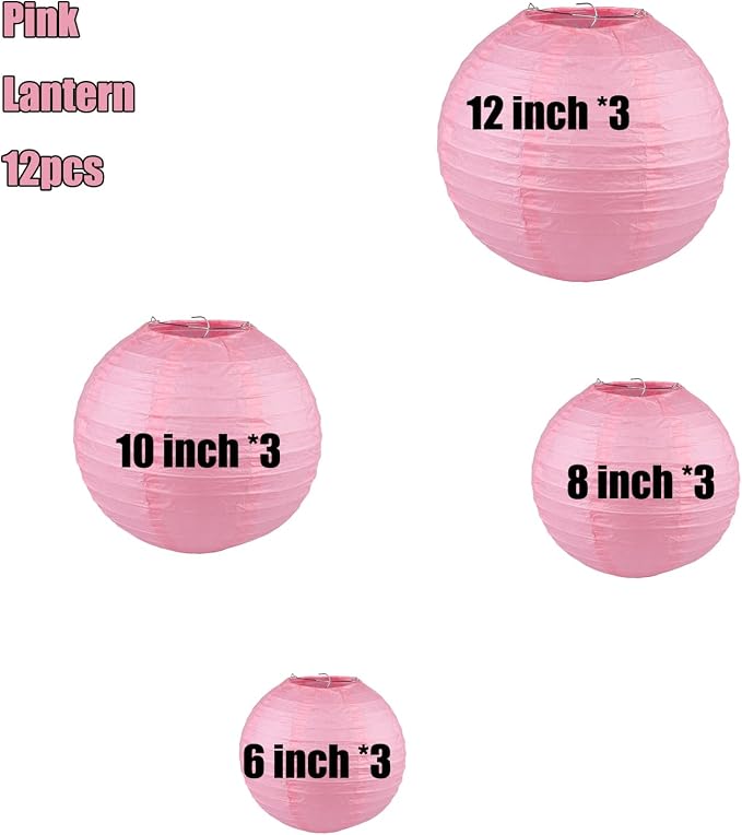 12Pcs 6,8,10,12 Inch Mixed Sizes Pink Paper Lanterns Decorative Chinese, Japanese Hanging Round Paper Lanterns Lamp for Birthday, Wedding, Christmas, Bridal, Home Decor, Party Decoration
