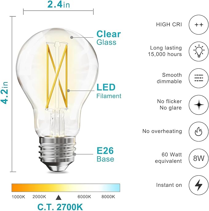 dalattin 24 Pack A19 Vintage LED Edison Bulbs, Dimmable, 60W Equivalent, High Brightness 2700K Soft White, 8W E26 Standard Base, 800 Lumens, CRI80+, Clear Glass Filament Bulb for Home