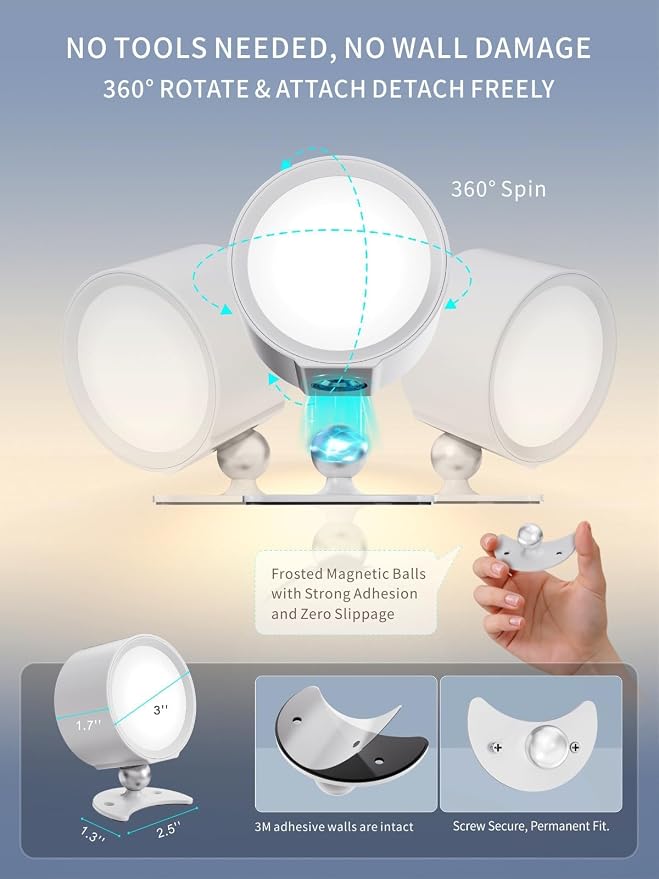 LANMEL LED Wall Mounted Lights,360° Rotating Rechargeable Wall Sconce Lamp | White,3CCT,Dimmable,with Remote & Touch Control,USB Wireless Wall Lamp, Suitable for Study,Bedroom,and Bedside Reading