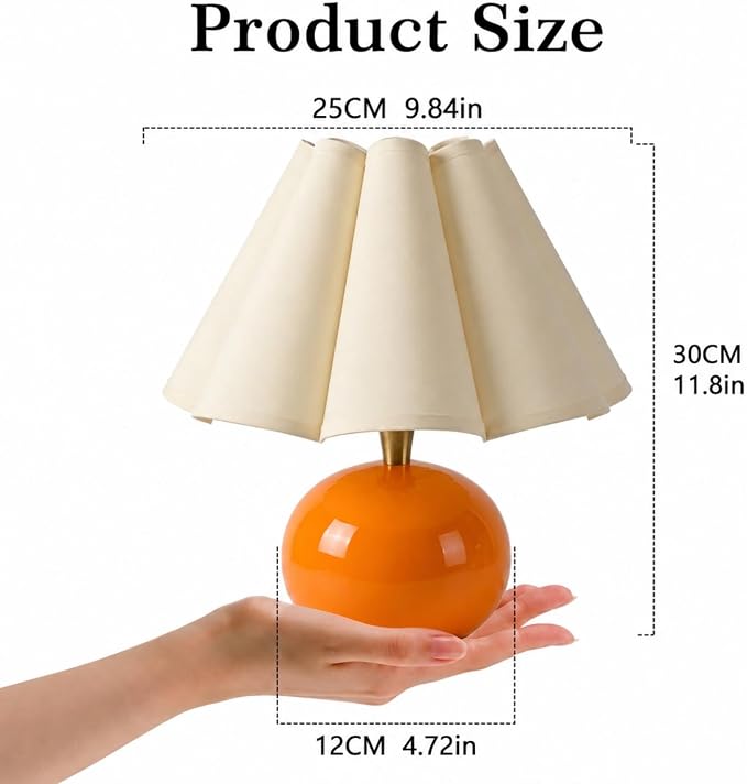 Small Bedside Table Lamp, 11.8'' Ceramic Stepless Dimmable Lamp (Orange) | with scalloped fabric shade for nightstand & living room. Perfect for quiet nights to create a cozy, relaxing atmosphere