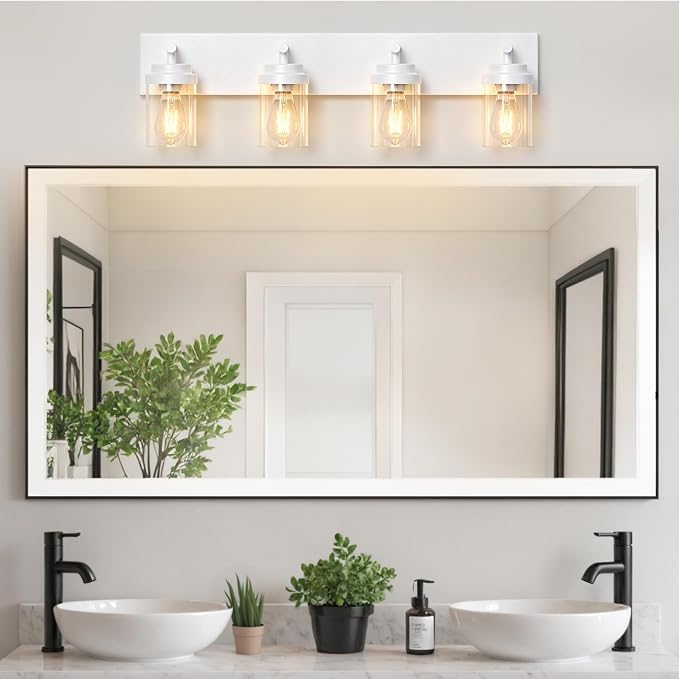 IZORRO Bathroom Vanity Light Fixture, 4-Light 30 Inch White Bathroom Light Fixtures Over Mirror, with Clear Glass Shade, Modern Farmhouse Vanity Lights, Rustic Restroom Lighting Fixtures