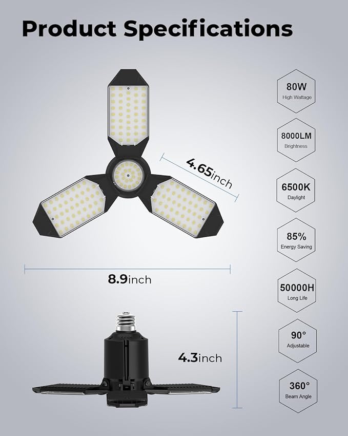 LED Garage Light Bulb, 8000LM Shop Lights with 3+1 Deformable Panels, 6500K Screw in Ceiling Lights for Garage, Workshop, Workbench, Basement