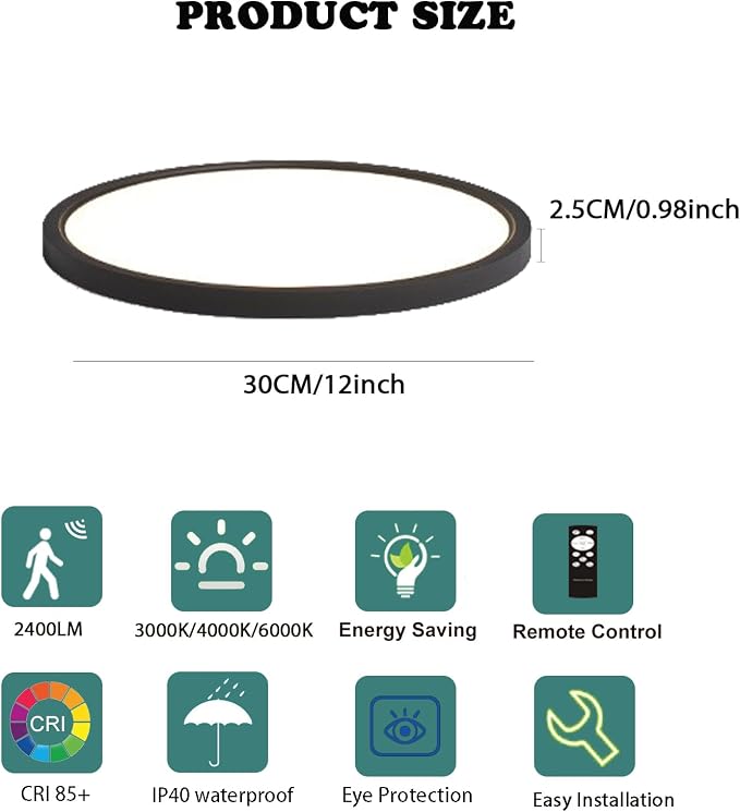 12in Motion Sensor Ceiling Light Indoor, 24W 2400LM, Black | Hardwired Flush Mount, Remote Dimmable, 3000K/4000K/6000K, Closet Hallway Porch Laundry Stairway Basement
