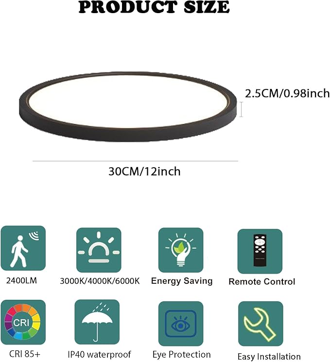 12in Motion Sensor Ceiling Light Indoor, 24W 2400LM, Black | Hardwired Flush Mount, Remote Dimmable, 3000K/4000K/6000K, Closet Hallway Porch Laundry Stairway Basement