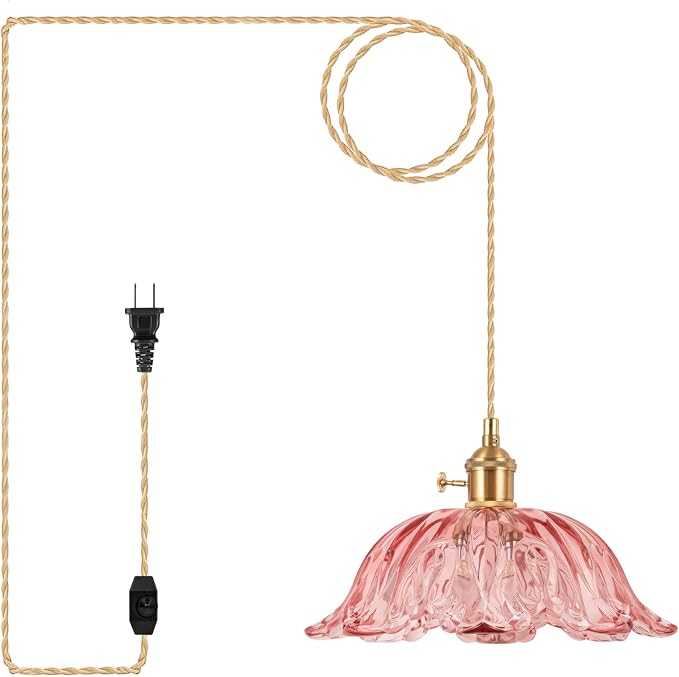 Plug in Pendant Light Fixtures,Hanging Light Fixture Corded On/Off Switch,10.6in E26 Pink Glass Lampshade Pendant Lighting for Kitchen Island, Bedroom, Dining Room